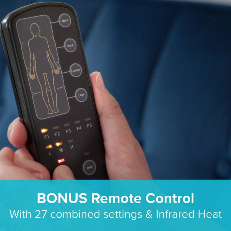 Hand holding a remote control with a diagram of a human body and text about bonus features on a blue background.