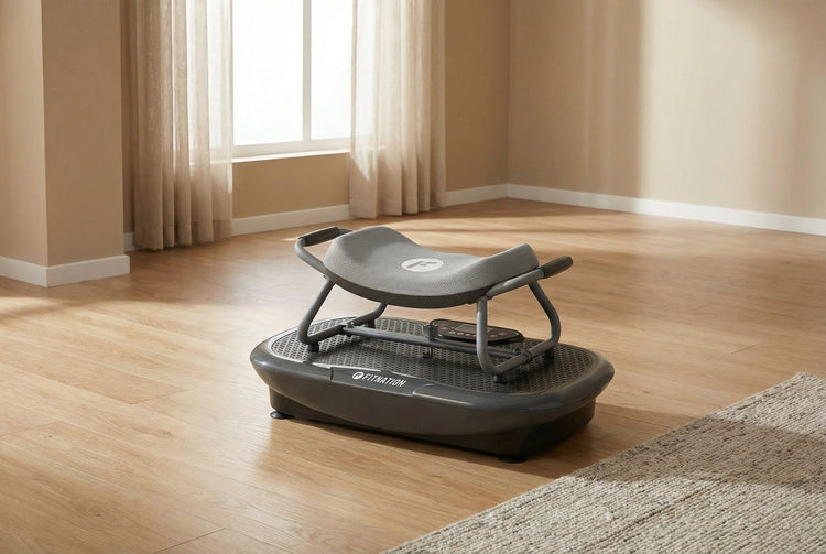 Vibration plate on a wooden floor in a room with curtains