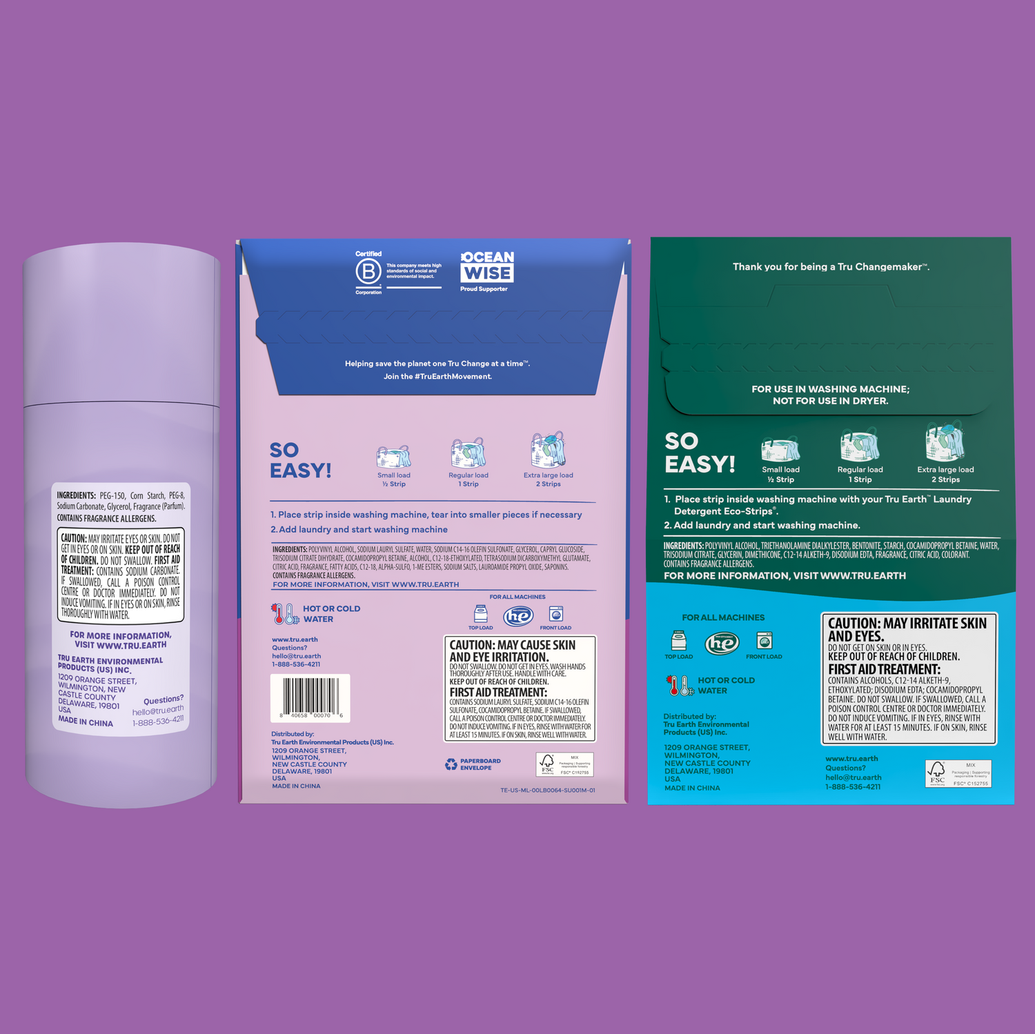 Purple bottle and two packaging boxes with text and icons on a purple background