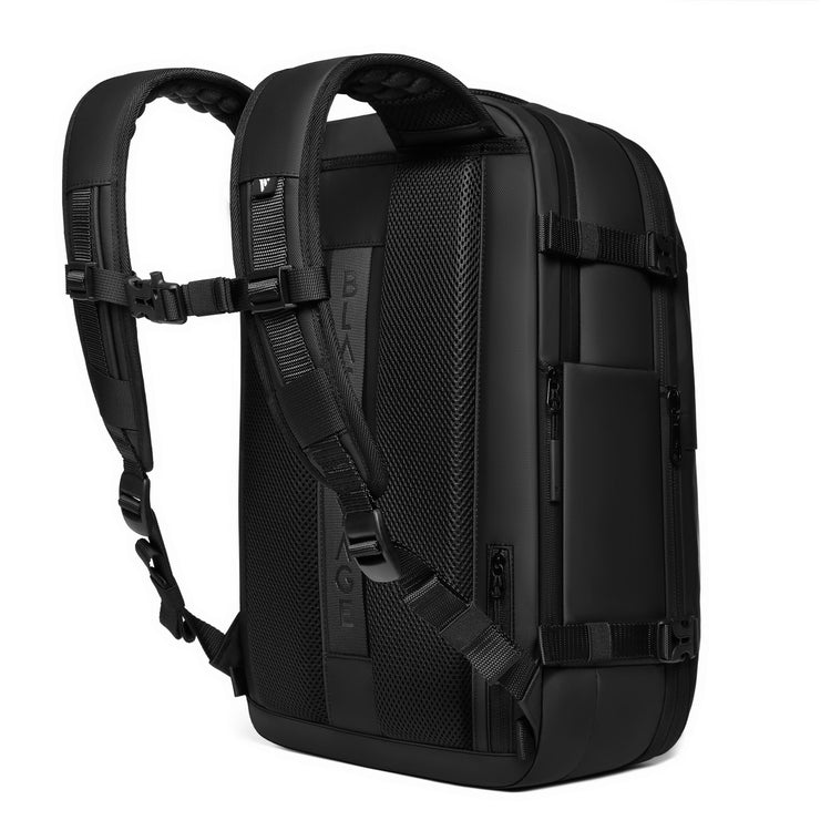 Black backpack with visible brand logo on a white background