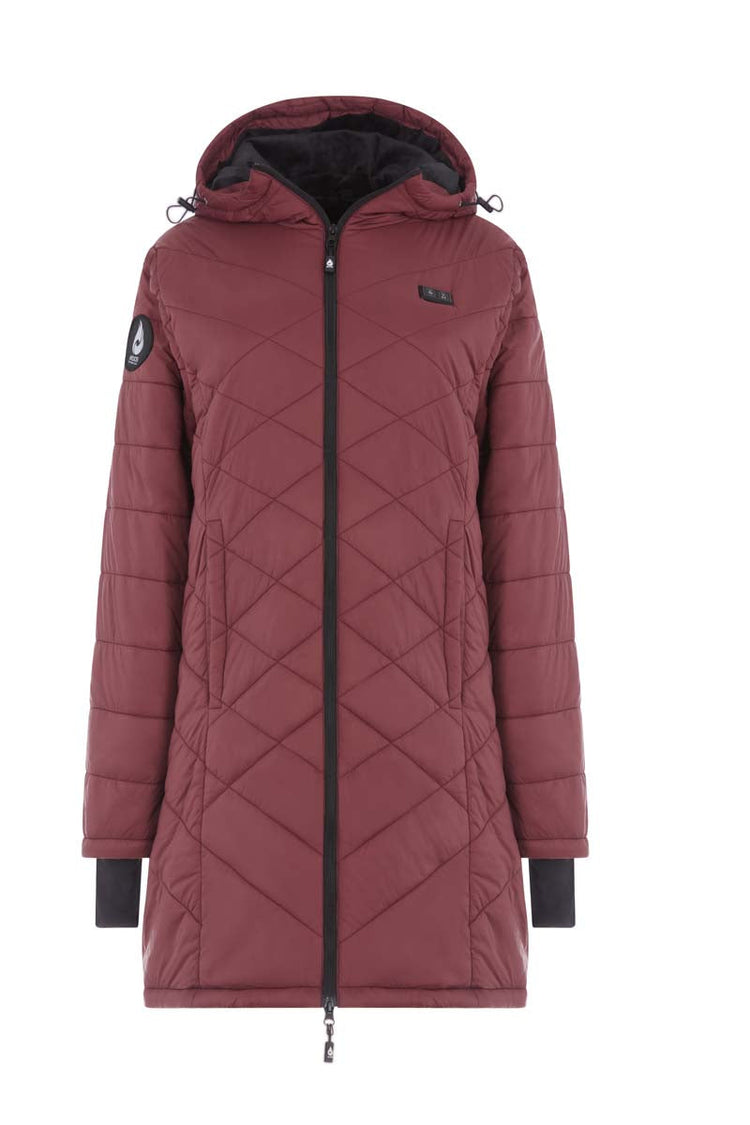 Maroon quilted jacket with a hood on a white background