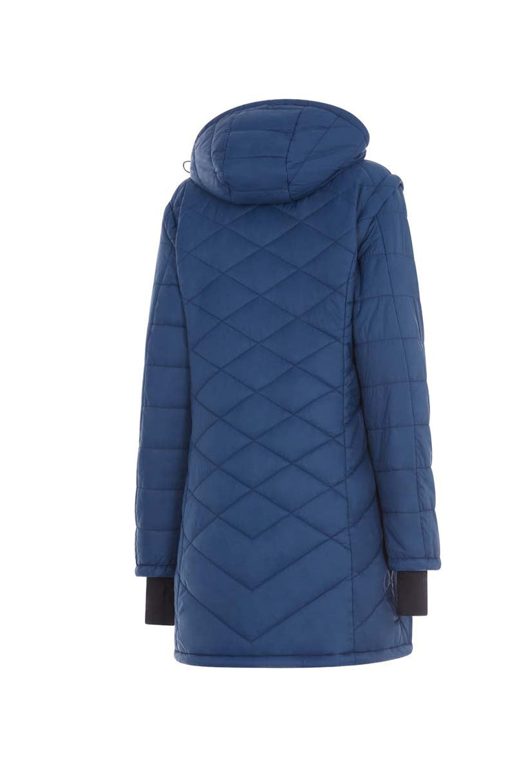 Blue quilted jacket with a hood on a white background