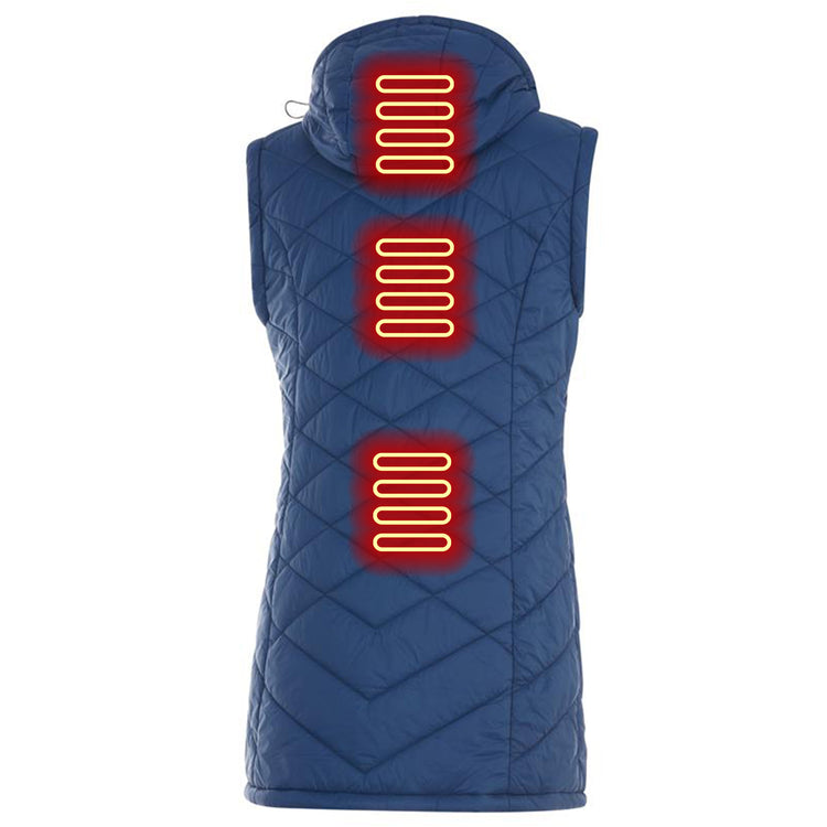 Blue heated vest with glowing red heating elements on a white background