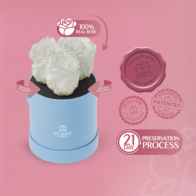 Blue container with white roses on a pink background with branding and certification logos.