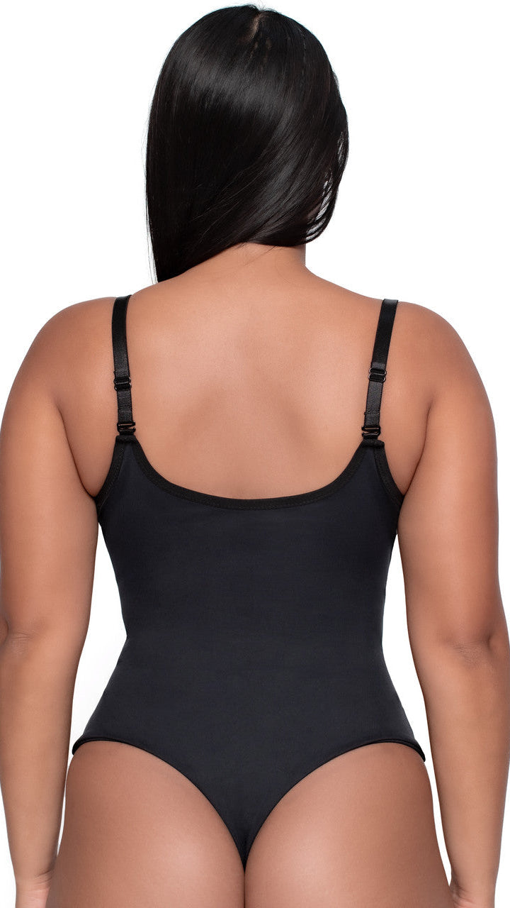 Black bodysuit worn by a model on a white background