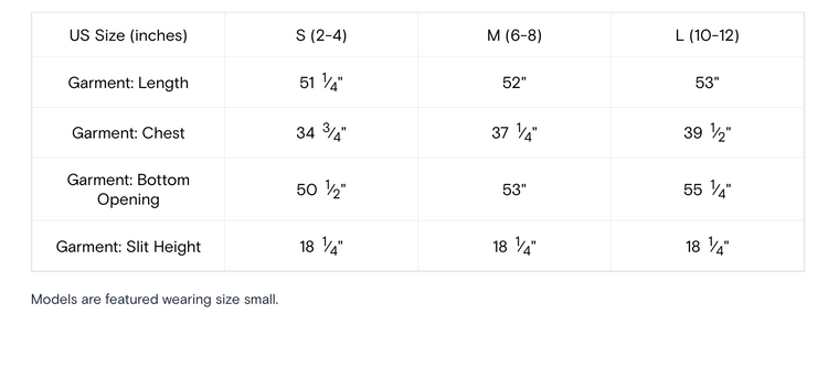 Size chart for garments with measurements in inches