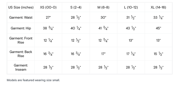 Measurement chart for garment sizes with labeled dimensions.