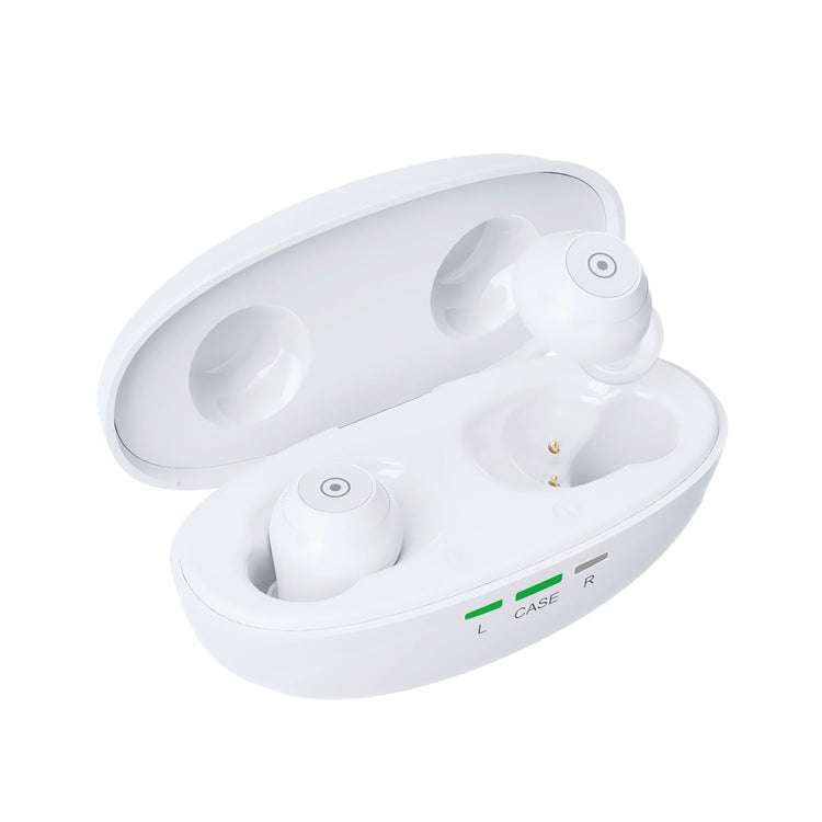 White wireless earbuds in a charging case on a white background
