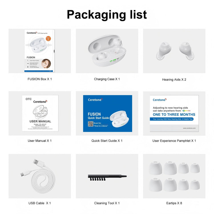 Packaging list of hearing aids with accessories on a white background