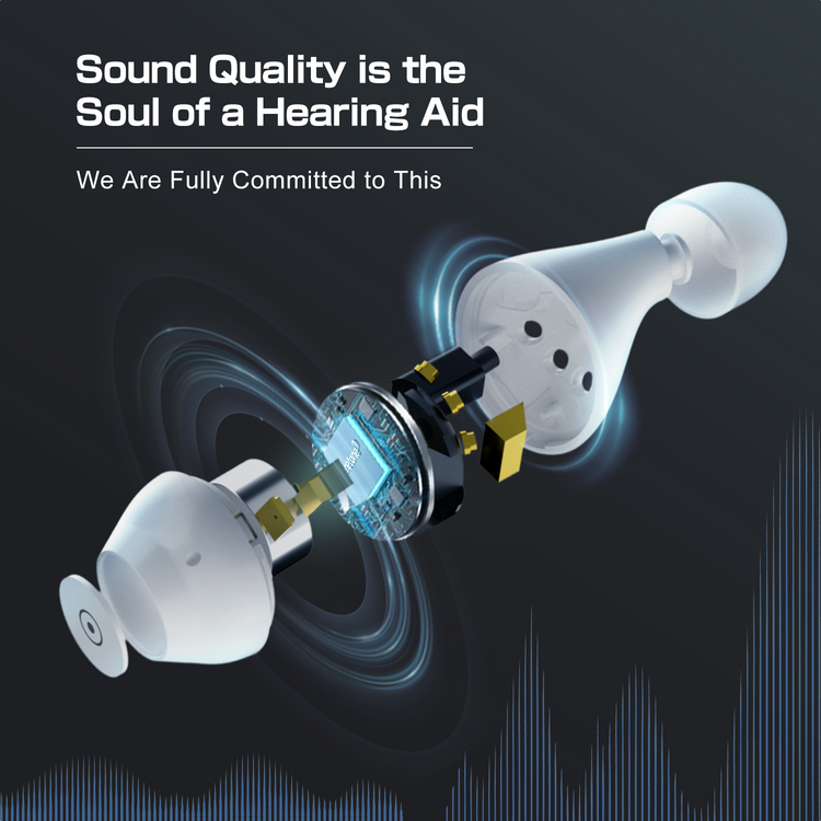 Hearing aid with sound quality focus on a dark background