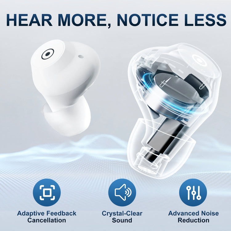 White earbud with clear casing on a light gray background, featuring text 'Hear More, Notice Less' and icons for features.