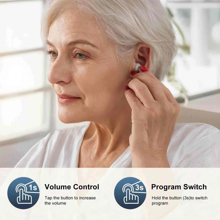 Woman adjusting a hearing aid with text on volume control and program switch.