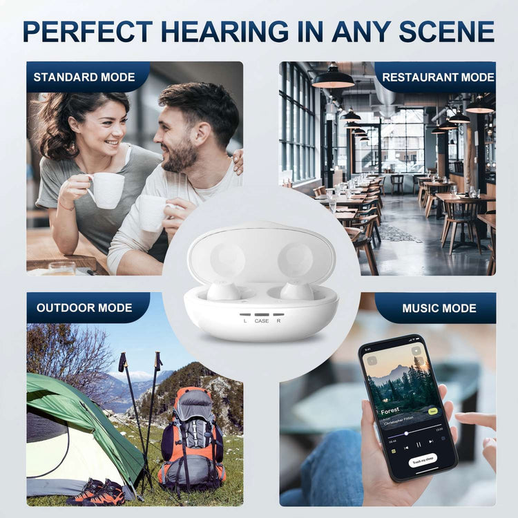 White wireless earbuds with mode options displayed on a blue background