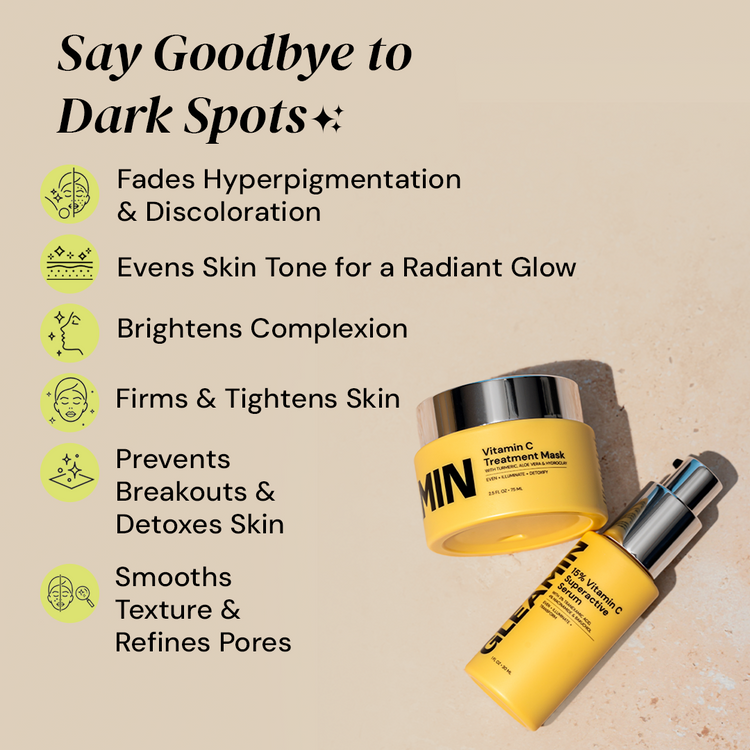 Yellow skincare product with text on a beige background