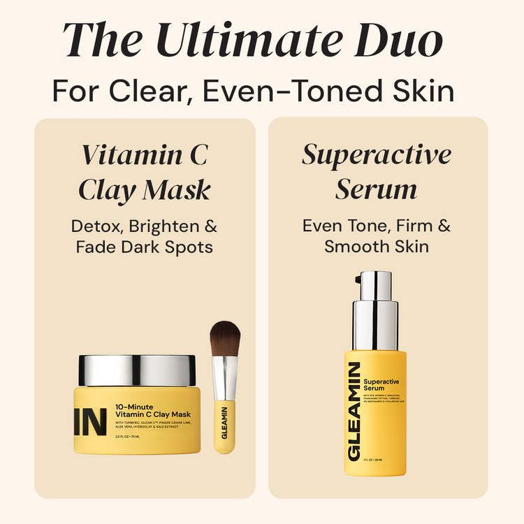 Gleamin skincare products including Vitamin C Clay Mask and Superactive Serum on a beige background.