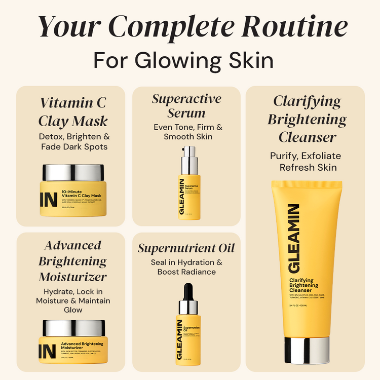 Skincare product lineup with names and descriptions on a beige background