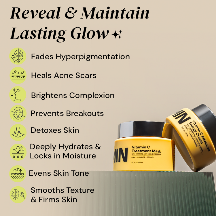 Cosmetic products with text highlighting their benefits on a beige background