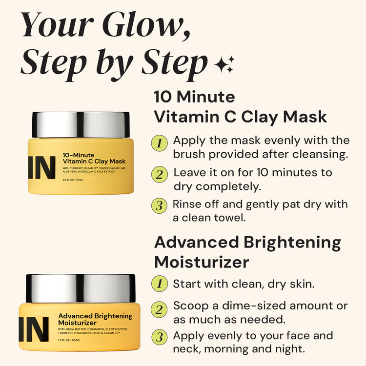 Instructions for using a 10-Minute Vitamin C Clay Mask and Advanced Brightening Moisturizer with product images.