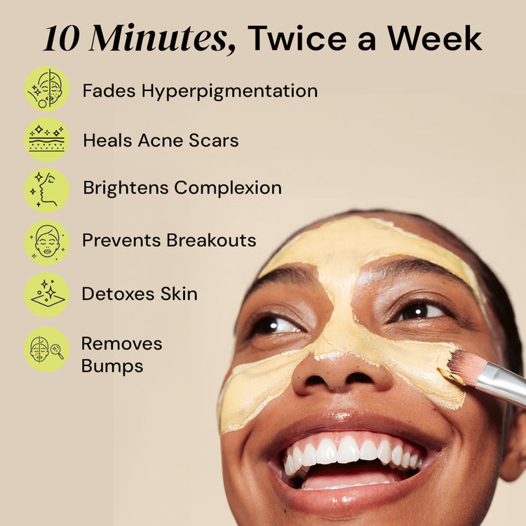 Woman applying a facial mask with text highlighting benefits on a beige background