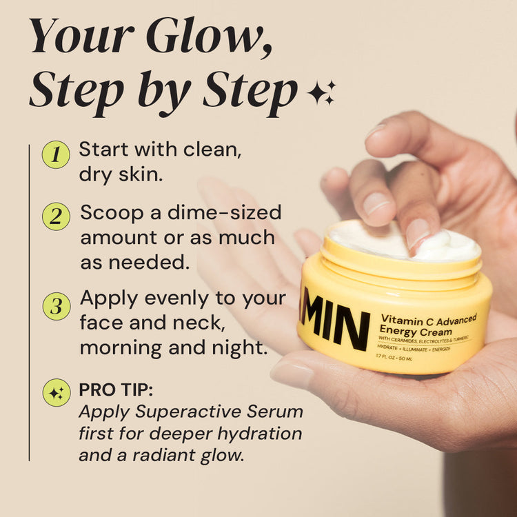 Yellow cream jar with application instructions on a beige background