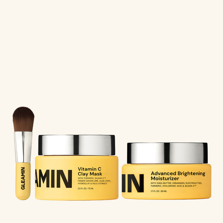 Cosmetic set with Vitamin C Clay Mask and Advanced Brightening Moisturizer from GLEAMIN on a white background