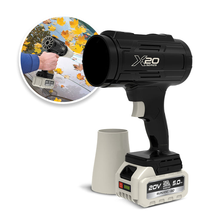 Black cordless leaf blower with X20 branding on a white background