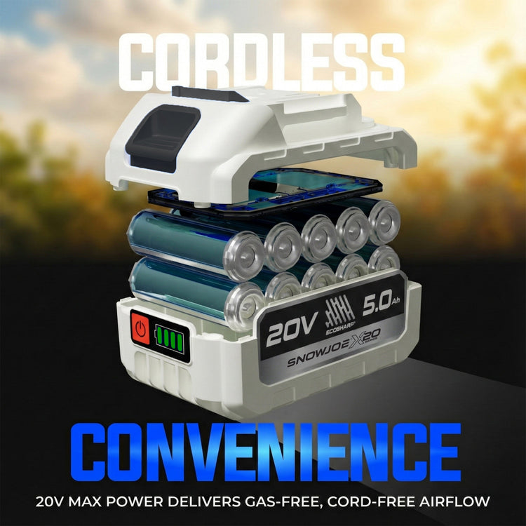 Snow Joe cordless vacuum cleaner with battery pack on a blurred outdoor background