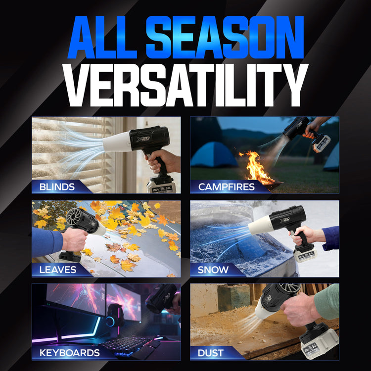 Promotional graphic for a device with 'All Season Versatility' text, showing its use in various scenarios.
