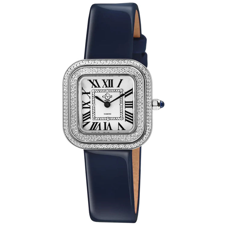 A GV2 Bellagio Swiss Diamond Watch for women, featuring a two-tone stainless steel band, a square-shaped rose gold case with a diamond encrusted bezel, and a white dial with Roman numerals.