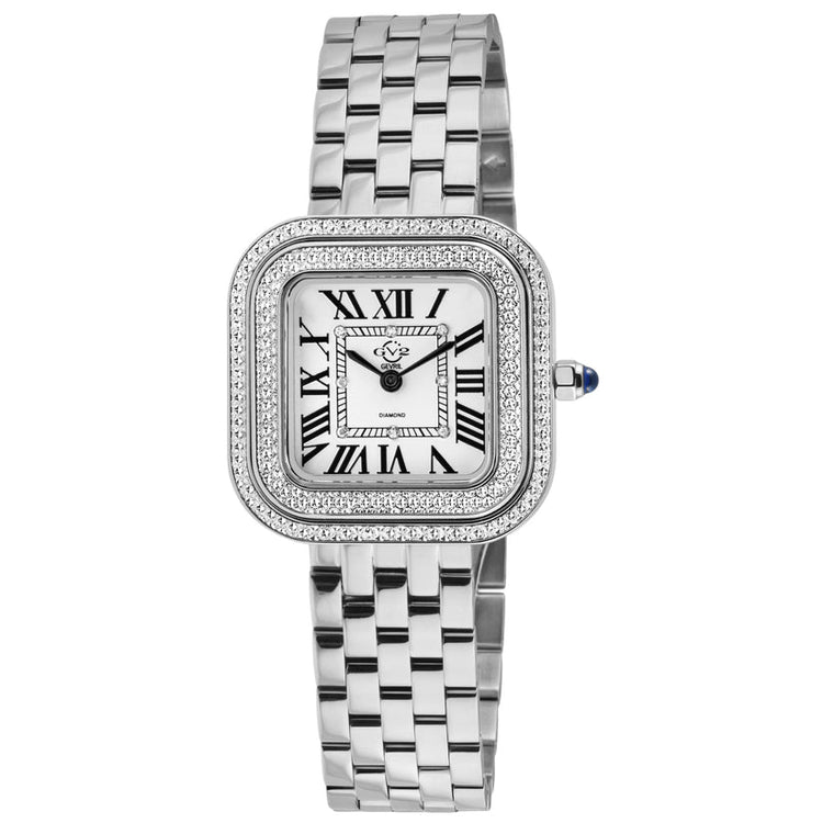 A GV2 Bellagio Swiss Diamond Watch for women, featuring a two-tone stainless steel band, a square-shaped rose gold case with a diamond encrusted bezel, and a white dial with Roman numerals.