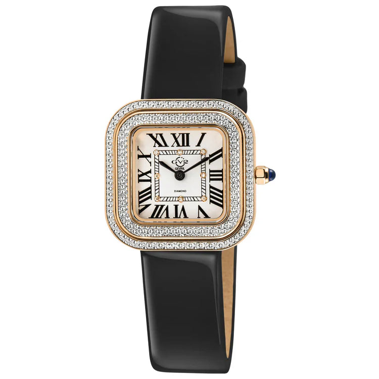 A GV2 Bellagio Swiss Diamond Watch for women, featuring a two-tone stainless steel band, a square-shaped rose gold case with a diamond encrusted bezel, and a white dial with Roman numerals.