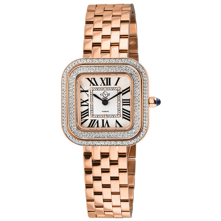A GV2 Bellagio Swiss Diamond Watch for women, featuring a two-tone stainless steel band, a square-shaped rose gold case with a diamond encrusted bezel, and a white dial with Roman numerals.