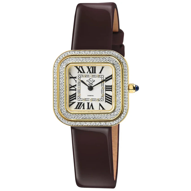 A GV2 Bellagio Swiss Diamond Watch for women, featuring a two-tone stainless steel band, a square-shaped rose gold case with a diamond encrusted bezel, and a white dial with Roman numerals.