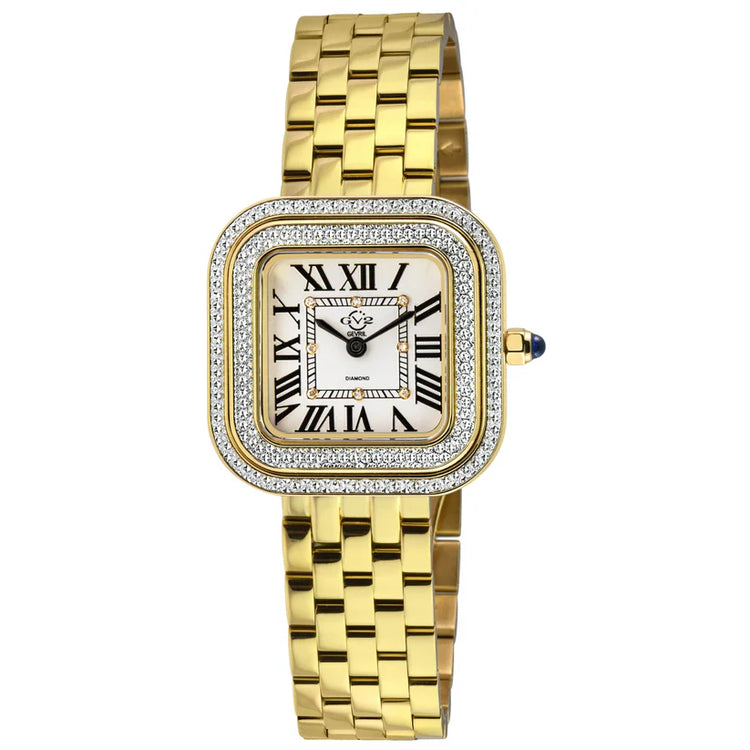 A GV2 Bellagio Swiss Diamond Watch for women, featuring a two-tone stainless steel band, a square-shaped rose gold case with a diamond encrusted bezel, and a white dial with Roman numerals.
