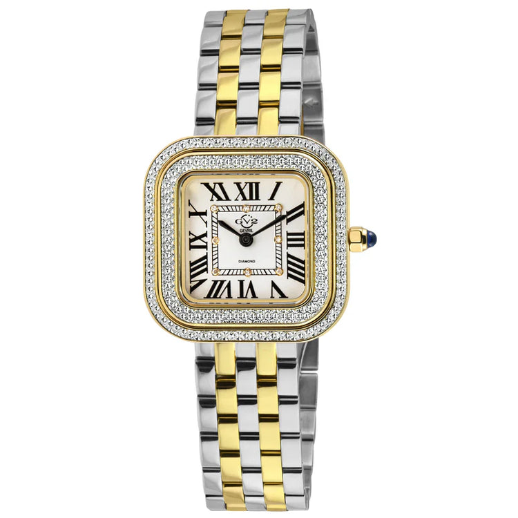 A GV2 Bellagio Swiss Diamond Watch for women, featuring a two-tone stainless steel band, a square-shaped rose gold case with a diamond encrusted bezel, and a white dial with Roman numerals.