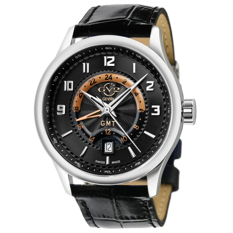 A GV2 Men's Giromondo Swiss GMT Watch with a silver dial, blue GMT track, and a brown leather band.