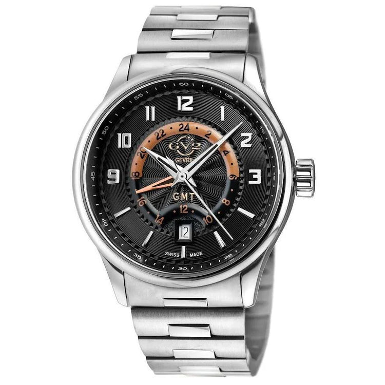 A GV2 Men's Giromondo Swiss GMT Watch with a silver dial, blue GMT track, and a brown leather band.