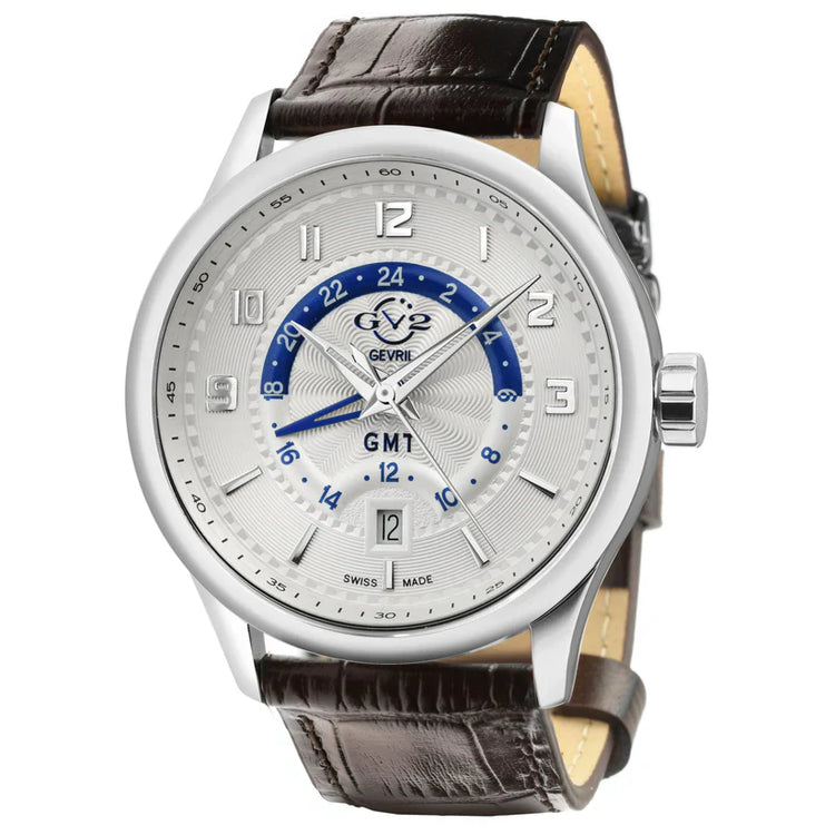 A GV2 Men's Giromondo Swiss GMT watch with a silver dial, blue accents, and a brown leather band.