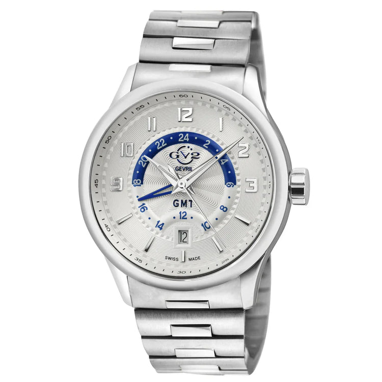 A GV2 Men's Giromondo Swiss GMT Watch with a silver dial, blue GMT track, and a brown leather band.