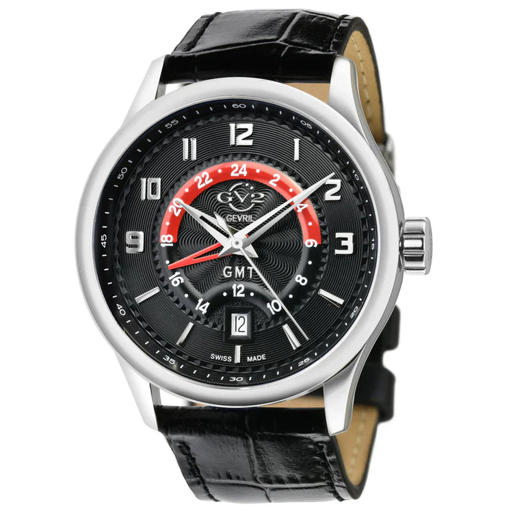 A GV2 Men's Giromondo Swiss GMT Watch with a silver dial, blue GMT track, and a brown leather band.