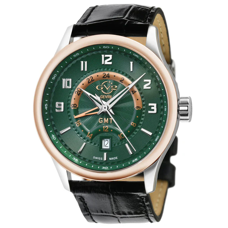 A GV2 Men's Giromondo Swiss GMT Watch with a silver dial, blue GMT track, and a brown leather band.