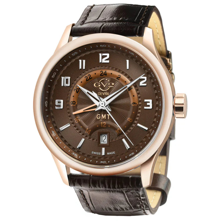 A GV2 Men's Giromondo Swiss GMT Watch with a silver dial, blue GMT track, and a brown leather band.