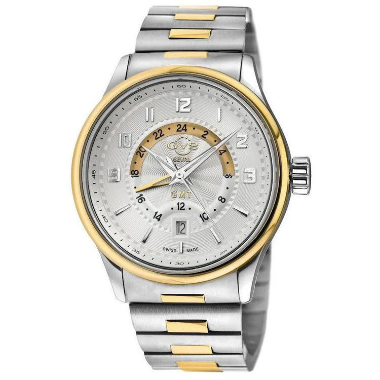 A GV2 Men's Giromondo Swiss GMT Watch with a silver dial, blue GMT track, and a brown leather band.
