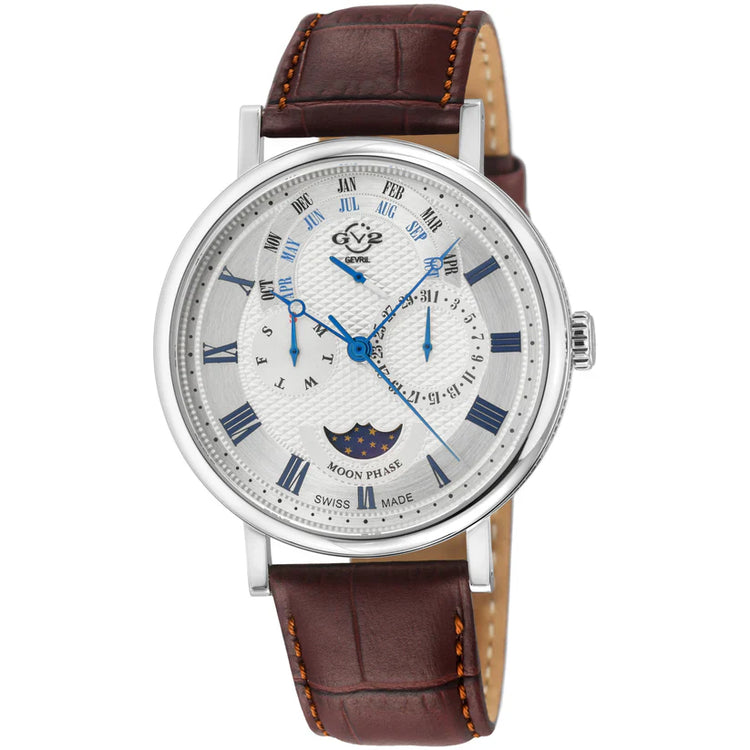 A GV2 Men's Maestro Swiss Quartz Watch with a stainless steel case, brown leather band, and a silver textured dial with sub-dials and moon phase indicator.