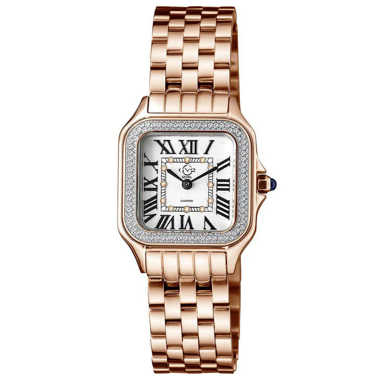 A GV2 Women's Milan Swiss Diamond Watch with a stainless steel band and a square face covered in diamond accents.