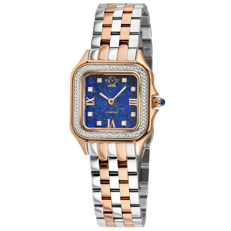A GV2 Women's Milan Swiss Diamond Watch with a stainless steel band and a square face covered in diamond accents.