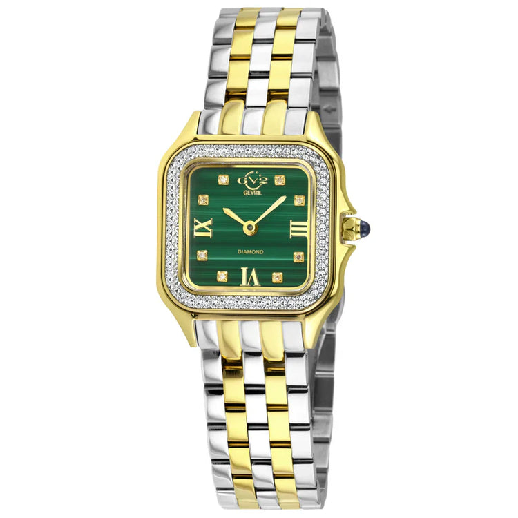 A GV2 Women's Milan Swiss Diamond Watch with a stainless steel band and a square face covered in diamond accents.