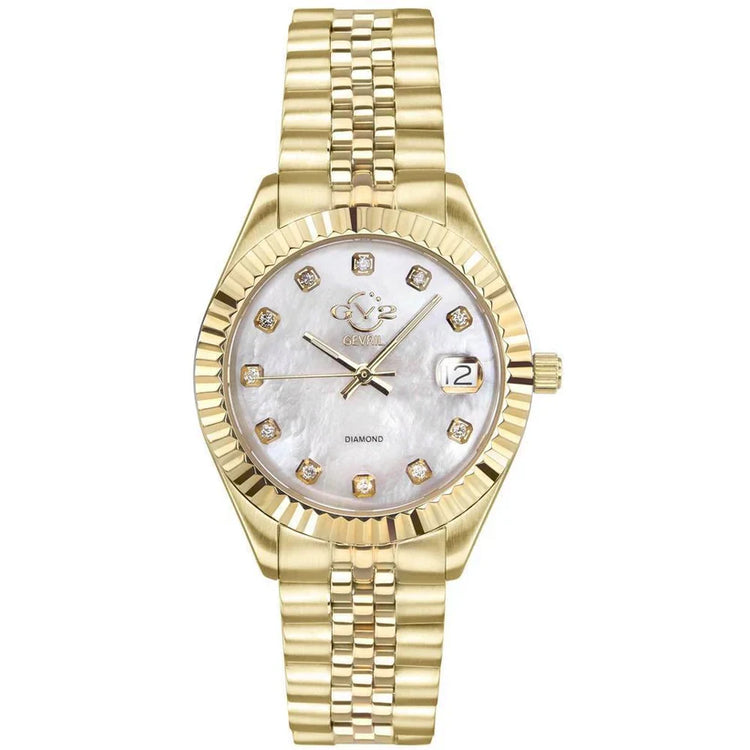 A GV2 women's watch with a silver and gold-tone band and a round dial featuring diamond accents, fluted bezel, and a silver metal buckle.