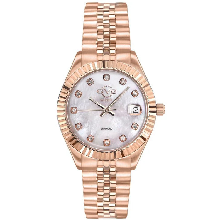 A GV2 women's watch with a silver and gold-tone band and a round dial featuring diamond accents, fluted bezel, and a silver metal buckle.
