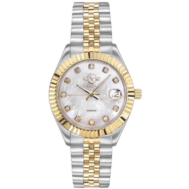 A GV2 women's watch with a silver and gold-tone band and a silver case with a mother-of-pearl dial and diamond accents.